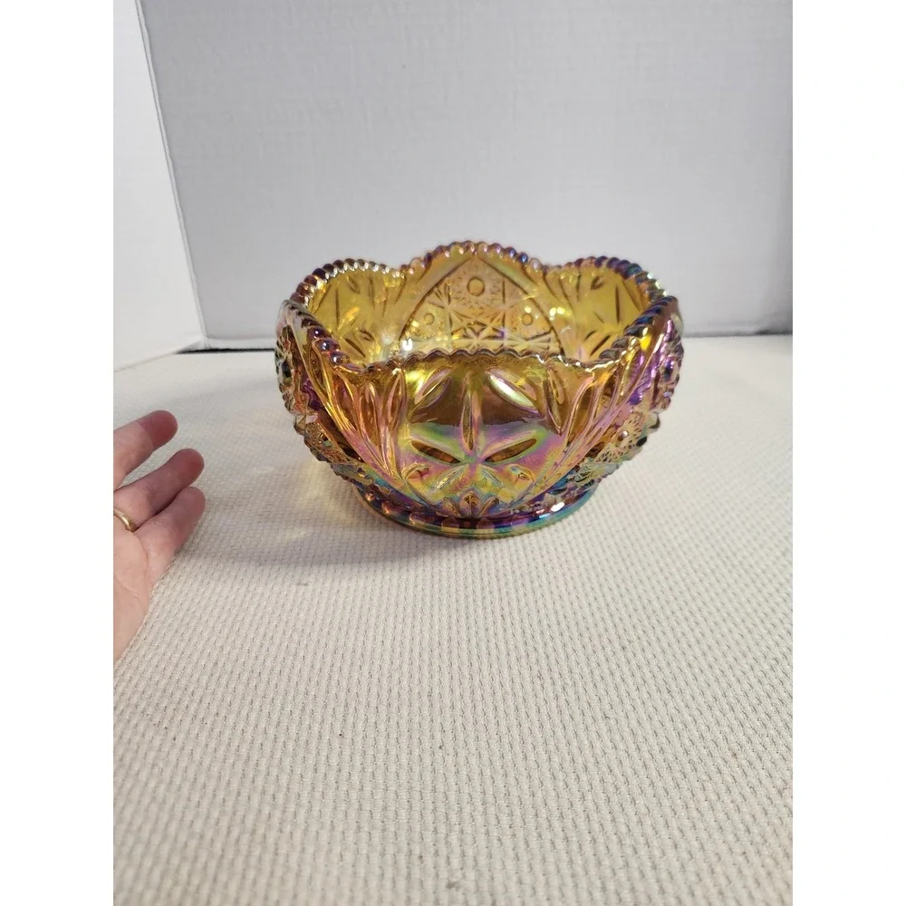 VTG LE Smith Hobstar Daisy Amber Carnival Glass‎ Bowl Sawtooth Great Condition